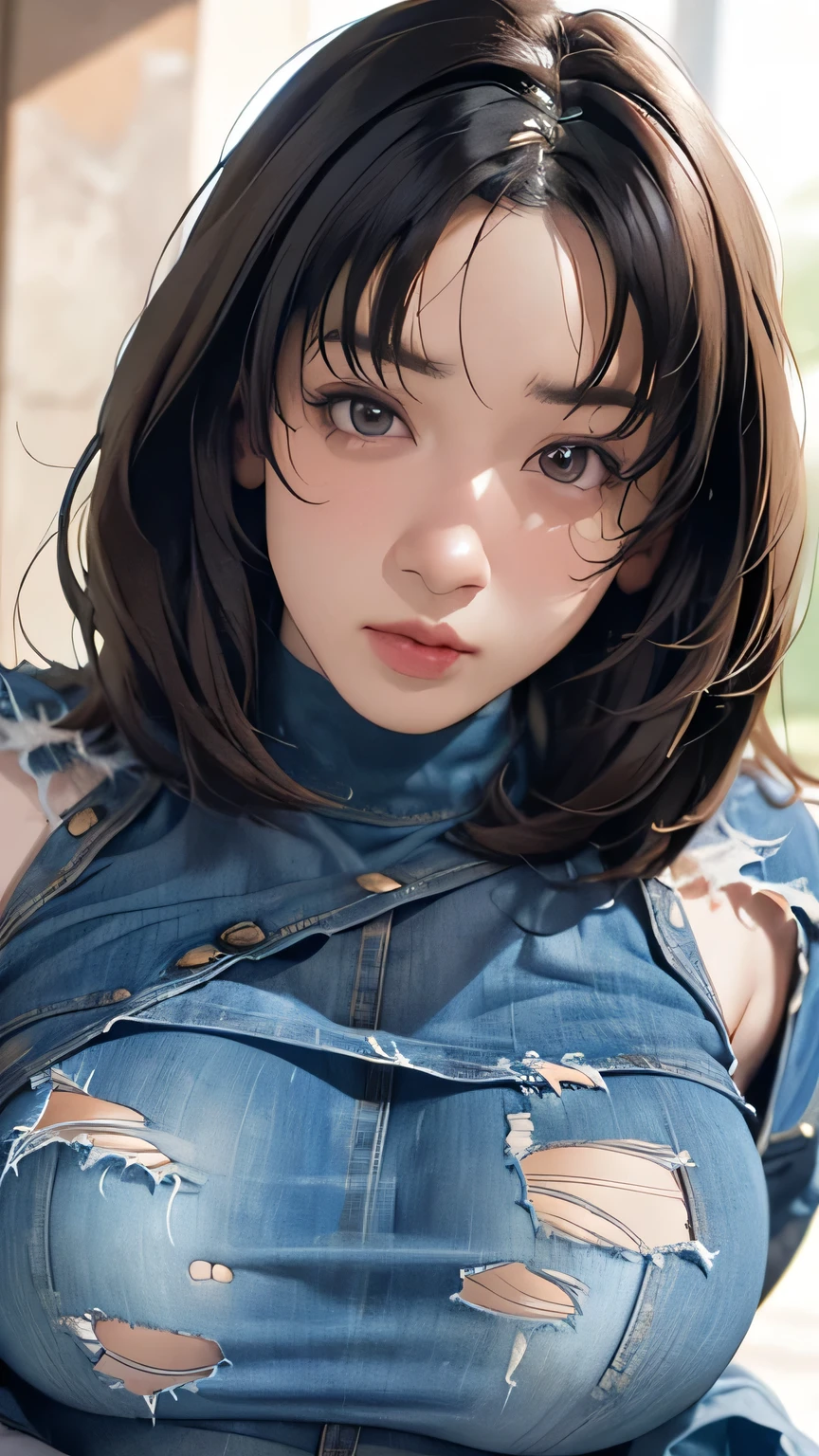 tmasterpiece， best qualityer， ultra - detailed， illustration，1girll，
long whitr hair，dark-blue hair，french braid，Purple eye，bluntbangs，cleavage，Large breasts
shirt，（jeans overalls：1.1），
mideum breasts， 
looking at viewert，hyouka/（Boruto/），Detailed lips