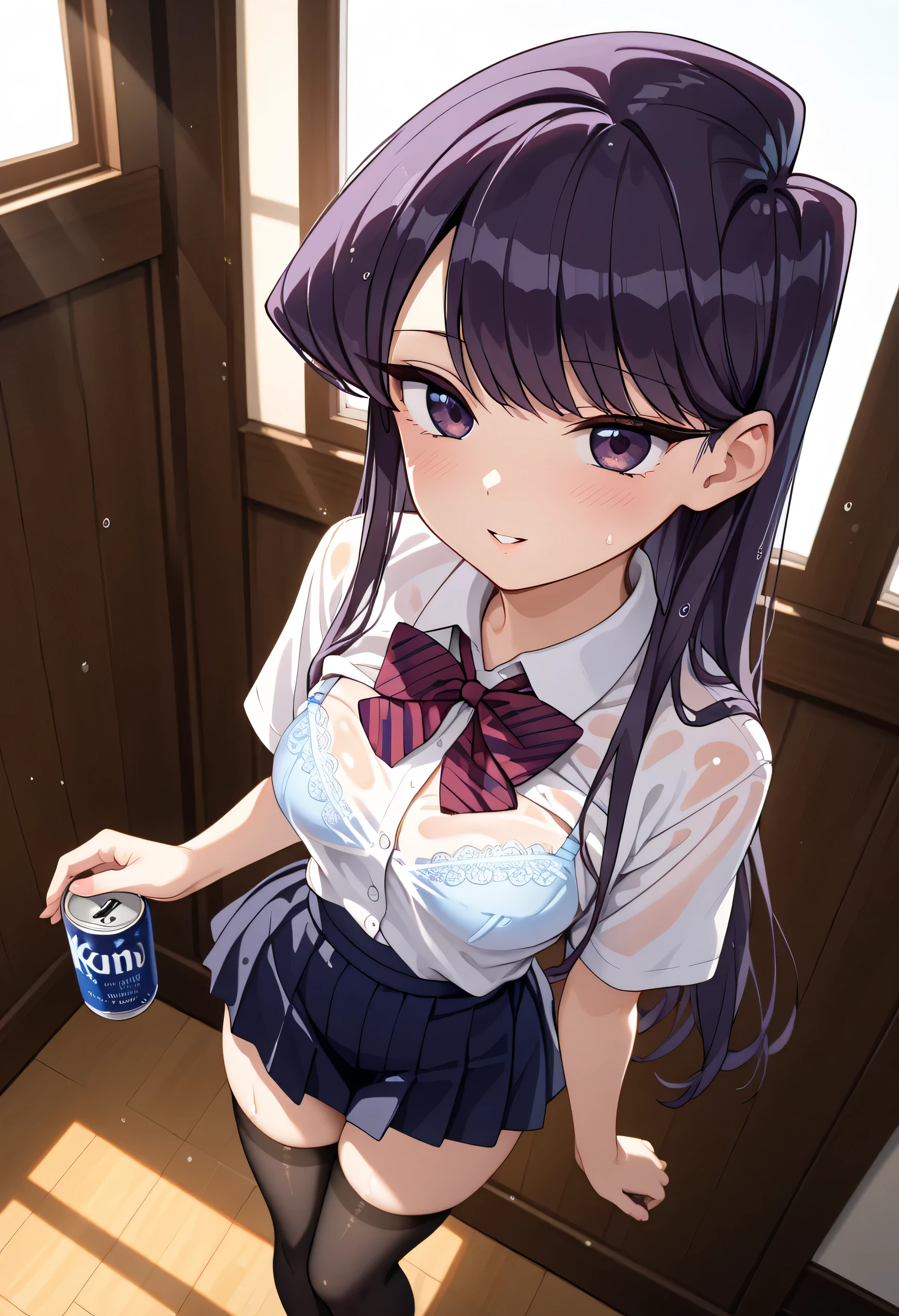 (throw_hand, pink vibrator remote switch in throw_hand, throw:1.2), highest quality, Super detailed, masterpiece, Ultra-high resolution, 8k, Ridiculous, Cowboy Shooting, Blurred, One girl, Focus on the girl, Embarrassing, blush, Lovely, With tears in her eyes and her mouth open, What saliva leaves behind, Wet skirt hem, (Sticky panties:1.1), (Light blue striped underwear), Bulging of the vibrator cord, Vibrator with Garters, [1girl, aragaki ayase, ore no imouto ga konna ni kawaii wake ga nai], (medium breasts), (school uniform), (cleavage), Sit on a chair, Classroom Background, (black stockings), (Thighs), (Waistline)