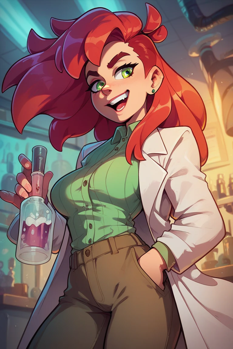 woman with long red hair ,  green eyes ,  Wearing a green shirt,  wearing brown pants and a lab coat