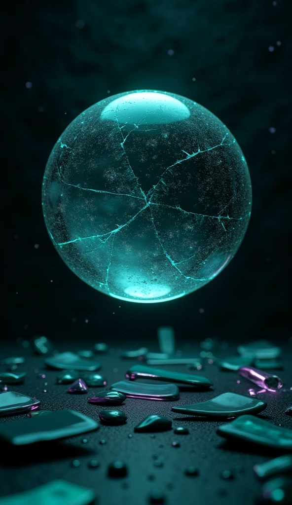 A dark, futuristic scene featuring a floating, cracked sphere in the center. The sphere is semi-transparent with glowing teal and white light emanating from within its cracks. Surrounding the sphere are fragmented shards of glass or mirror, floating mid-air as though frozen in time. The background is a deep, textured black void with faint hints of stars or misty clouds to add depth.

Sphere Material: Smooth, reflective glass with subtle distortion on its surface. Cracks should be organic and intricate, revealing glowing light from within.
Glow Effect: Teal light pulsating softly from the cracks, with a halo-like effect surrounding the sphere. Add a secondary faint purple glow for contrast.
Shards: Irregular-shaped glass pieces surrounding the sphere. Each shard reflects fragments of reality (e.g., distorted landscapes, human eyes, or abstract shapes).
Lighting: Cinematic lighting, with a soft spotlight highlighting the sphere and creating gentle reflections on the shards. Ambient lighting should be cool-toned (teal/blue).
Environment: A minimal, dark background with faint dust particles or a nebula-like mist for added atmosphere.