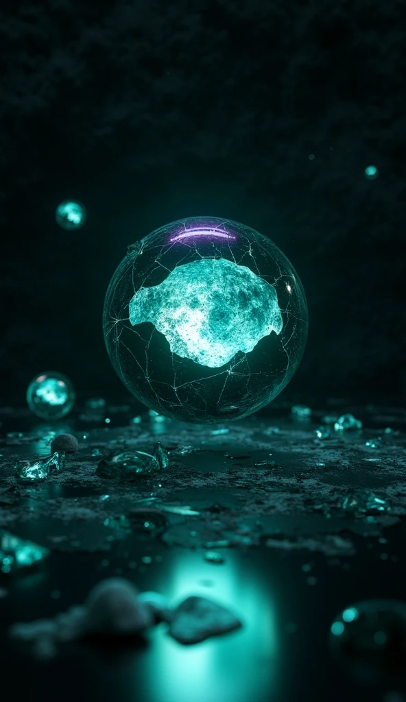 A dark, futuristic scene featuring a floating, cracked sphere in the center. The sphere is semi-transparent with glowing teal and white light emanating from within its cracks. Surrounding the sphere are fragmented shards of glass or mirror, floating mid-air as though frozen in time. The background is a deep, textured black void with faint hints of stars or misty clouds to add depth.

Sphere Material: Smooth, reflective glass with subtle distortion on its surface. Cracks should be organic and intricate, revealing glowing light from within.
Glow Effect: Teal light pulsating softly from the cracks, with a halo-like effect surrounding the sphere. Add a secondary faint purple glow for contrast.
Shards: Irregular-shaped glass pieces surrounding the sphere. Each shard reflects fragments of reality (e.g., distorted landscapes, human eyes, or abstract shapes).
Lighting: Cinematic lighting, with a soft spotlight highlighting the sphere and creating gentle reflections on the shards. Ambient lighting should be cool-toned (teal/blue).
Environment: A minimal, dark background with faint dust particles or a nebula-like mist for added atmosphere.