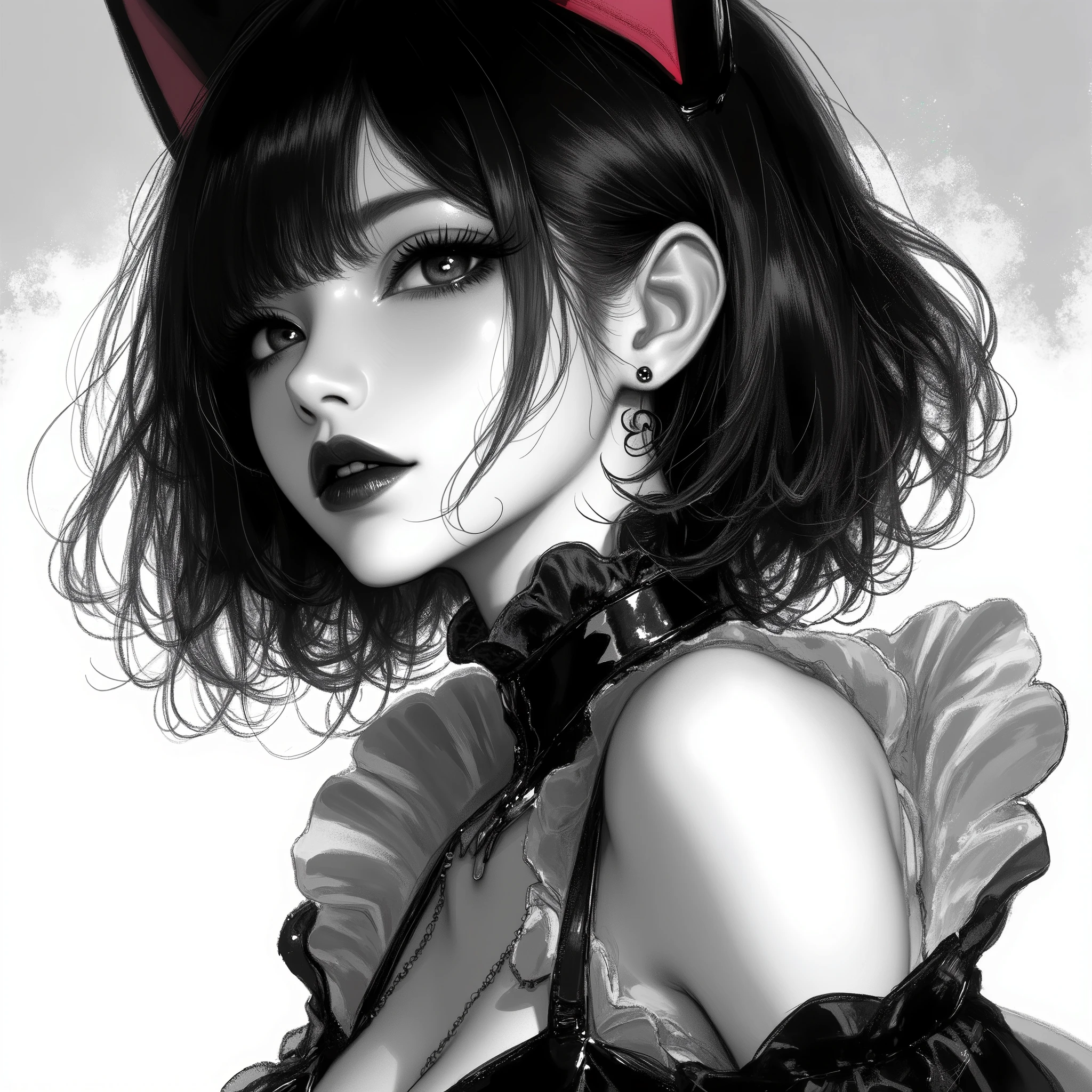 (best quality, sketch:1.2),actual,illustrator,Vixen,Japanese cartoons,1 girl, Detailed lips, ,Fangs,hand,hairy,Off-shoulder, black and white gradient background,Neon hair,Texture cropping, masterpiece, The style is vintage, Deep Black