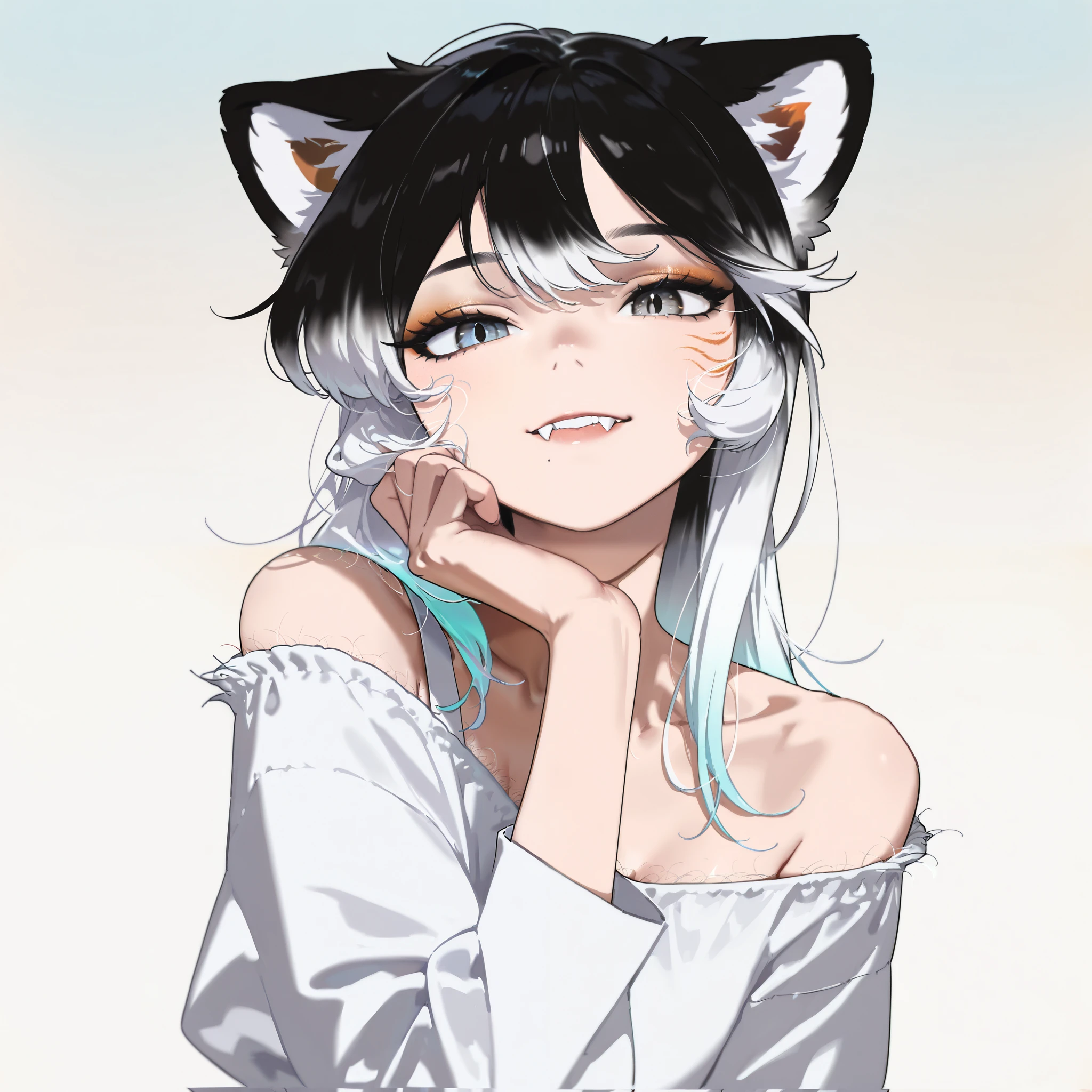 (best quality, sketch:1.2),actual,illustrator,Vixen,Japanese cartoons,1 girl, Detailed lips, ,Fangs,hand,hairy,Off-shoulder, black and white gradient background,Neon hair,Texture cropping, masterpiece, The style is vintage, Deep Black