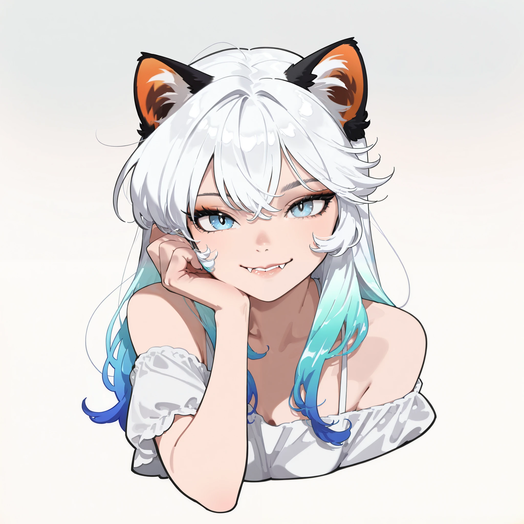 (best quality, sketch:1.2),actual,illustrator,Vixen,Japanese cartoons,1 girl, Detailed lips, ,Fangs,hand,hairy,Off-shoulder, black and white gradient background,Neon hair,Texture cropping, masterpiece, The style is vintage, Deep Black