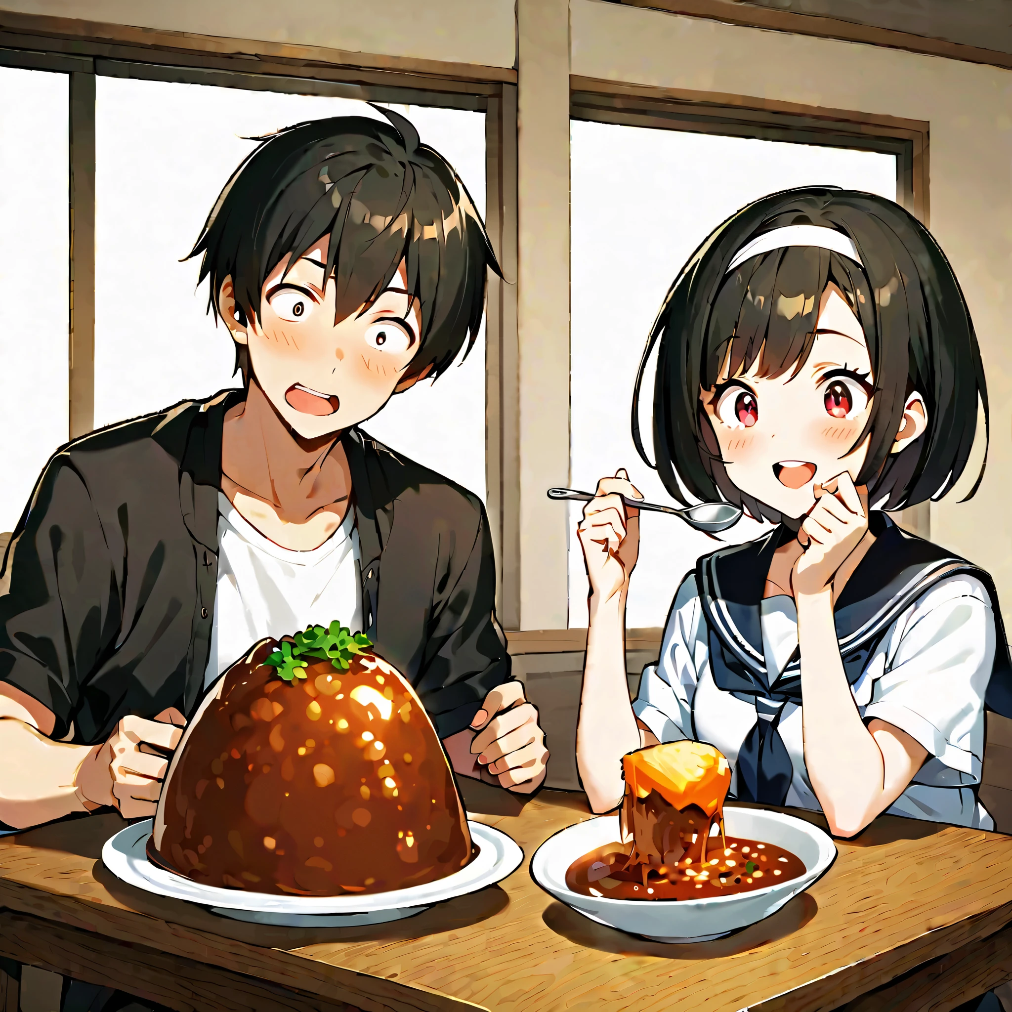 1girl, blush, short hair, open mouth, bangs, seifuku, black hair, red eyes, 1boy, holding, sitting, jacket, white shirt, short sleeves, hairband, food, open clothes, teeth, indoors, white skin, seifuku, cup, sailor, siblings, eating, table, plate, bowl, wide-eyed, white hairband, spoon, brother and sister, rice, holding spoon, curry, smile and funny.
