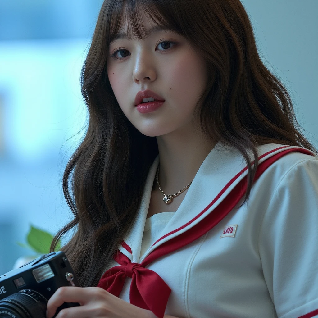 RAW photo, upper body photo of a beautiful korean girl with long hair wearing jk uniform, necklace, dslr, soft lighting, high quality, film grain,  light reflections, blood vessels,  pale skin, skin pores, blood vessels in sclera, detailed skin, beauty spots, skin fuzz, big lips, {{puffy lips}}, voluptous body, wide hips, big breast, {{big buttocks}}, long rose pink nails, from behind, side view, perfect shadows, gloss skin, masterpiece, highly detailed,  image 4k, anatomicamente correct, photorealistic