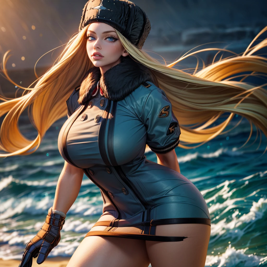 a tall female of curvaceous and well-endowed frame. She has olive skin, aqua green eyes, thick eyelashes, and short golden blonde hair; which she usually keeps messy with three braided locks. She wears a jacket with a high collar, which covers the lower part of her face downward, while baring a good portion of the lower half of her large breasts. The jacket has a zipper running along its entire length, which is opened from the bottom upwards. It has a beige air filter on either side just below the trim. The jacket's sleeves completely envelop her arms, terminating in black glove-like extensions at her extremities, resembling the appearance of a cat's paw.