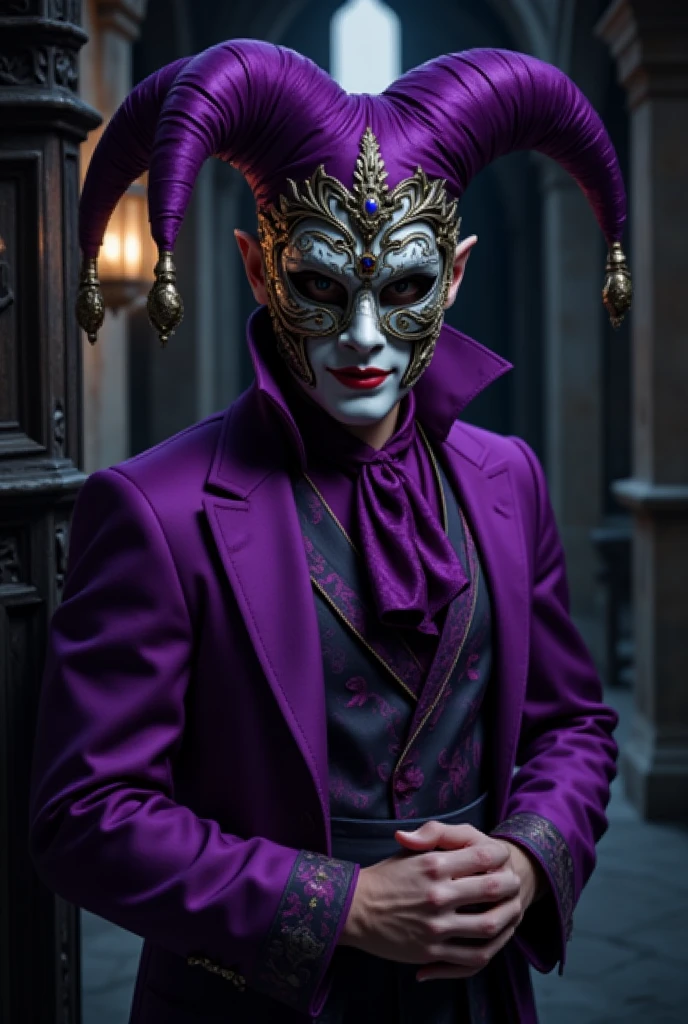 A man in a medieval jester costume, vibrant purple colors, mysterious and theatrical, face completely covered in an elaborate mask, highly detailed, cinematic lighting, dark moody atmosphere, concept art style, photorealistic, 8k, best quality