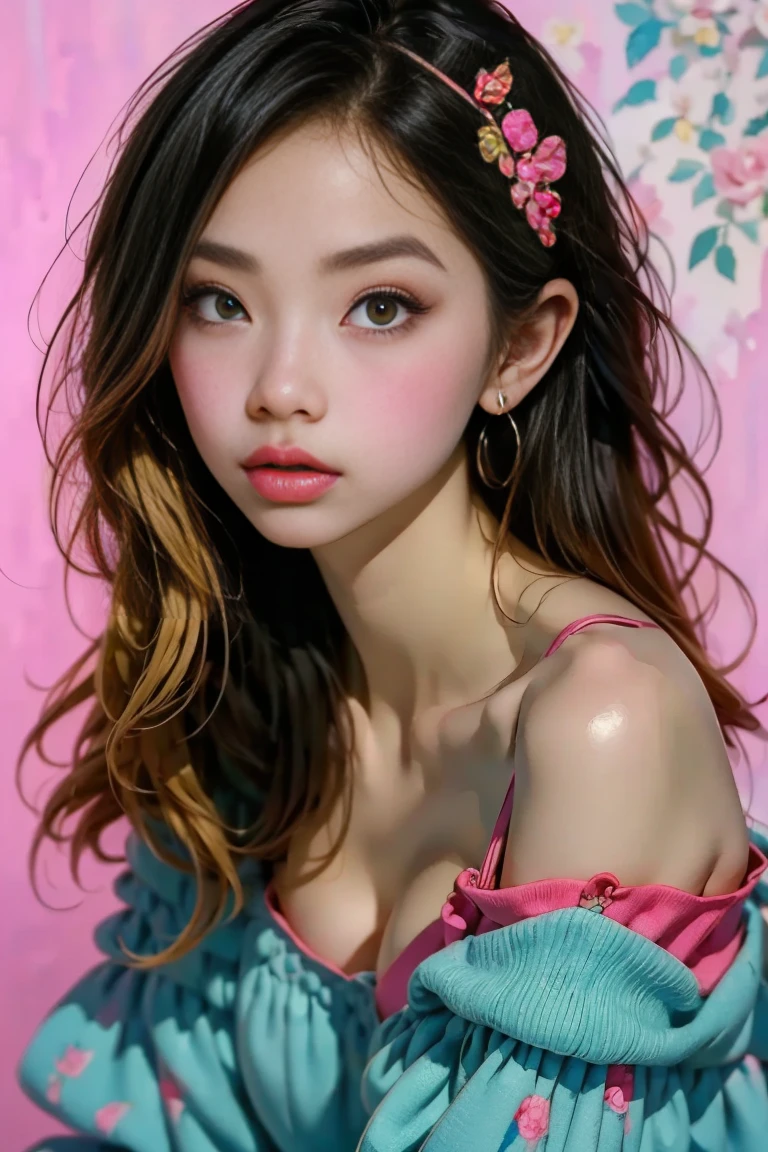 (masterpiece),(best quality:1.1),(ultra-detailed),best illustration,finely detail,(watercolor drawings：1.4),(hand-painted：1.2),(Watercolor brush hair), (photorealistic ,Top high Quality 、8k、32K、masterpiece)、(( realistic skin types ))、( lean forward :1.3)、( oversized loose blouse )、(Detailed Bra)、 a girl , young girl,18 years old,lips, The center of the lip is open、very cute、beautiful,off-shoulder pink blue blouse 、black tights,black high heels, in front of white backdrop、 long blond strait hair、hair accessory,cute colorful hairpins,Side view,