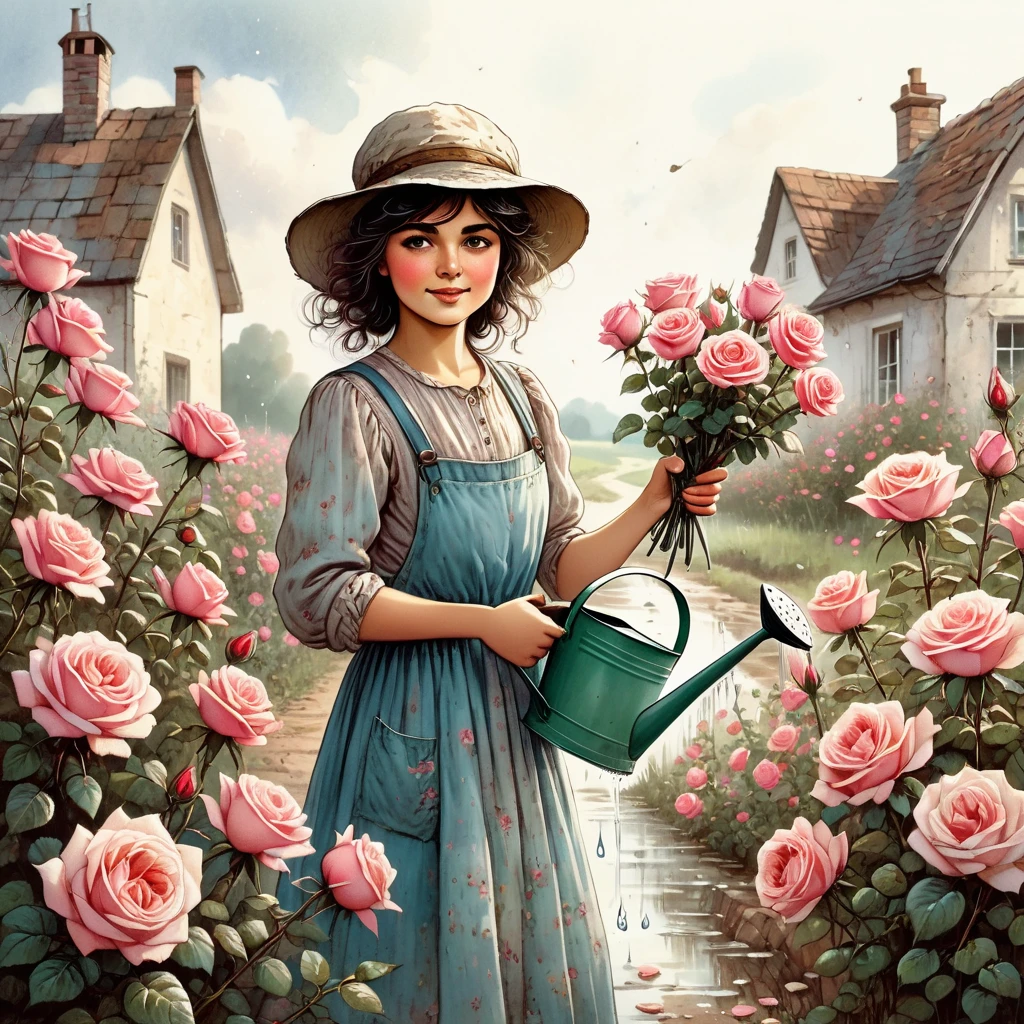 Peasant girl with watering can giving water to roses, art style of 80s artist Sarah Kay's drawings merging with shabby chic style, light and soft tones