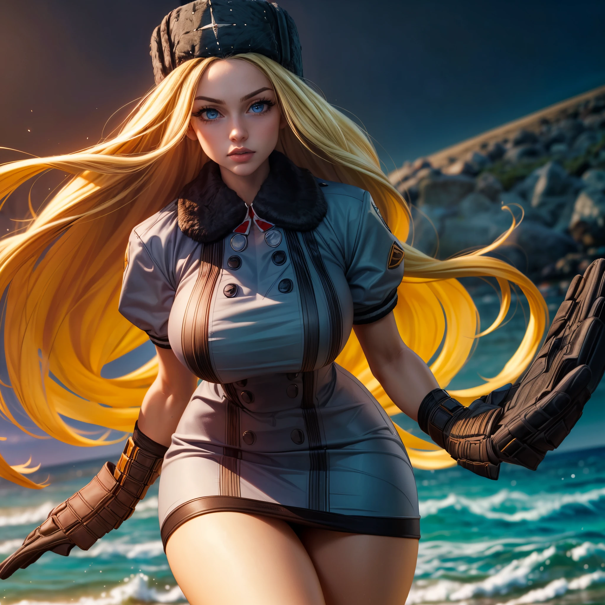 ( super real,32K, Masterpiece:1.2),(  High Definition Skin on the Beach  :1.1),(  High Quality :1.1),
( close one eye:1.1),SF Colin, Blonde, blue eyes,  fur hat,  dress,  jacket, gloves, miniskirt ,black panchilla,Bare legs,  blurry background ,,( stare at viewers,  portrait:1.1),Kissing Face, ( huge breasts , big breasts:1.1),(Dense Light :1.1),