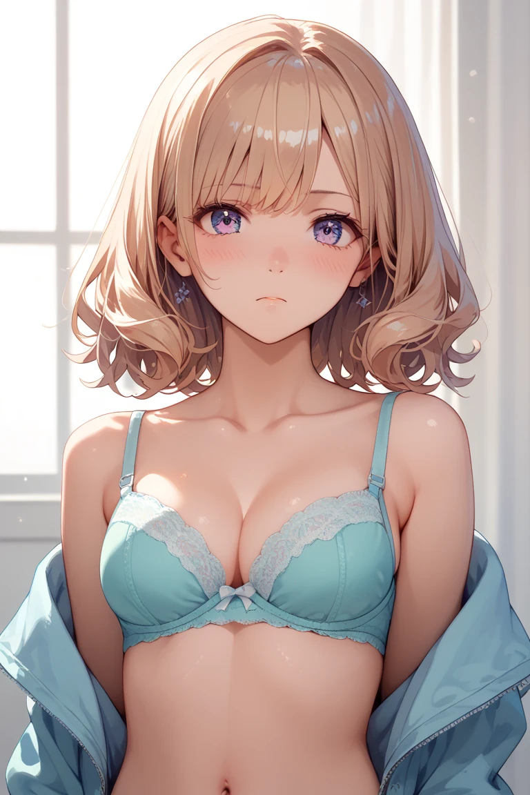 masutepiece, Best Quality, Ultra-detailed, Illustration,(1girl in),Beautiful detailed eyes, Looking at Viewer, close up, (Breast Focus), (arms behind back:1.2), (From above:1.1), light brown hair, small breasts are showing:1.3), (off shoulders:1.1), Underwear