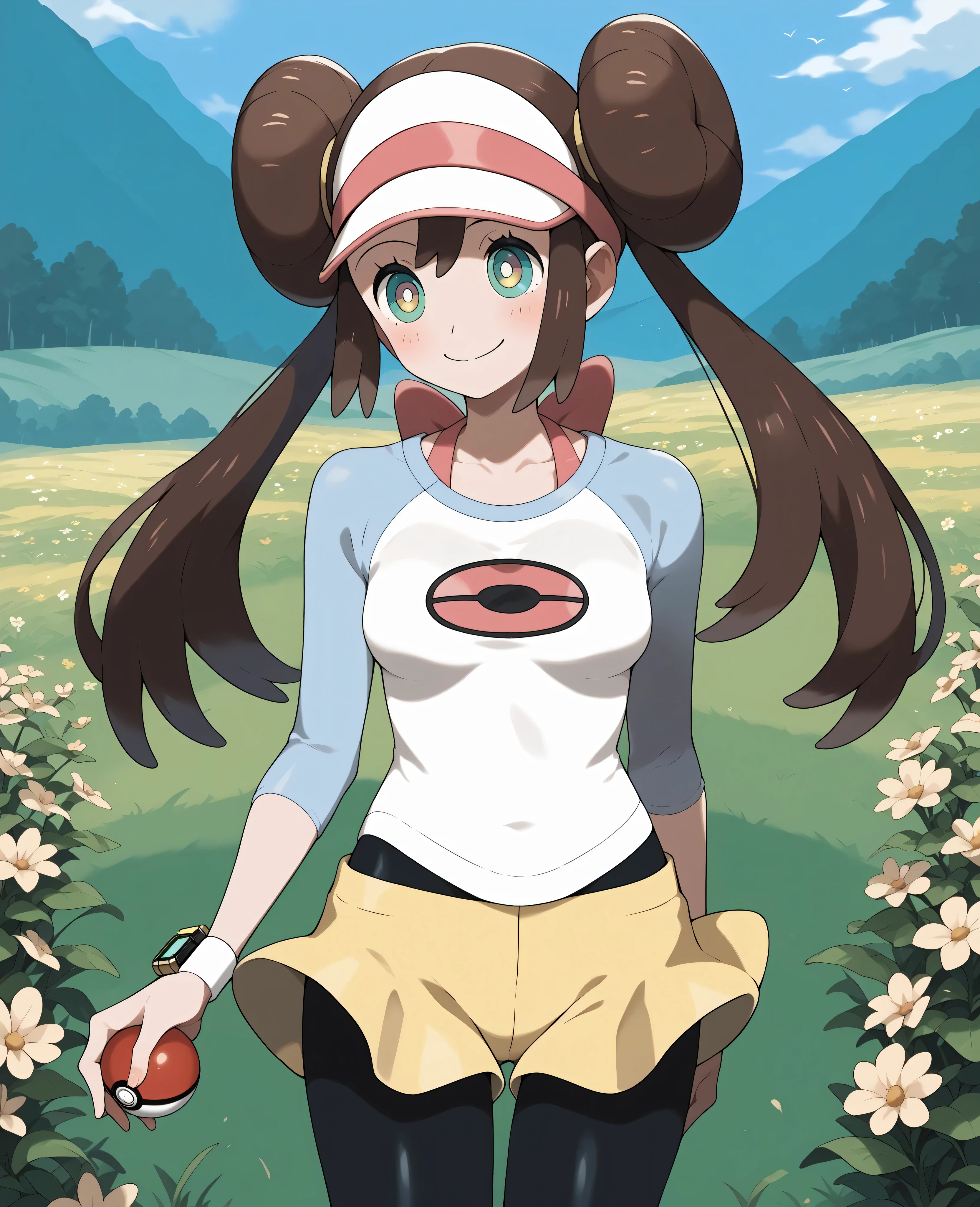 score_9, score_8_up, score_7_up, score_6_up, score_5_up, score_4_up, source_anime, aarosa, long hair, brown hair, double bun, twintails, visor cap, kaa eyes, medium breasts, collarbone, pink bow, shirt, raglan sleeves, wristwatch, short shorts, yellow shorts, pantyhose under shorts, black pantyhose standing, cowboy shot, field, outdoors, goofy smile, holding poke ball, flower, wind,