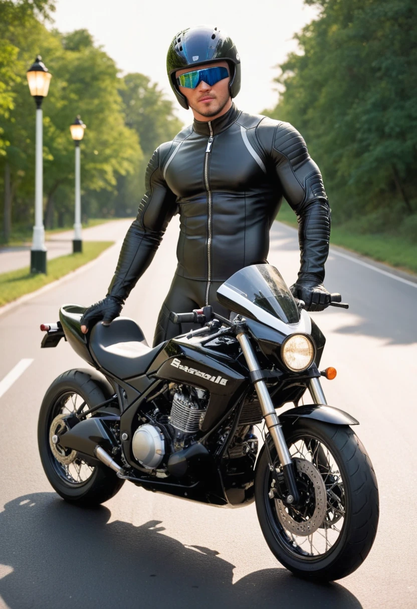 Hot motorcyclist, gay, sitting on motorcycle, massive bulge, closed helmet, no face, closed visor, muscular body, only wears black Boxershort, no face, seeing no face, motorbike helmet, closed visor, closed eye protector