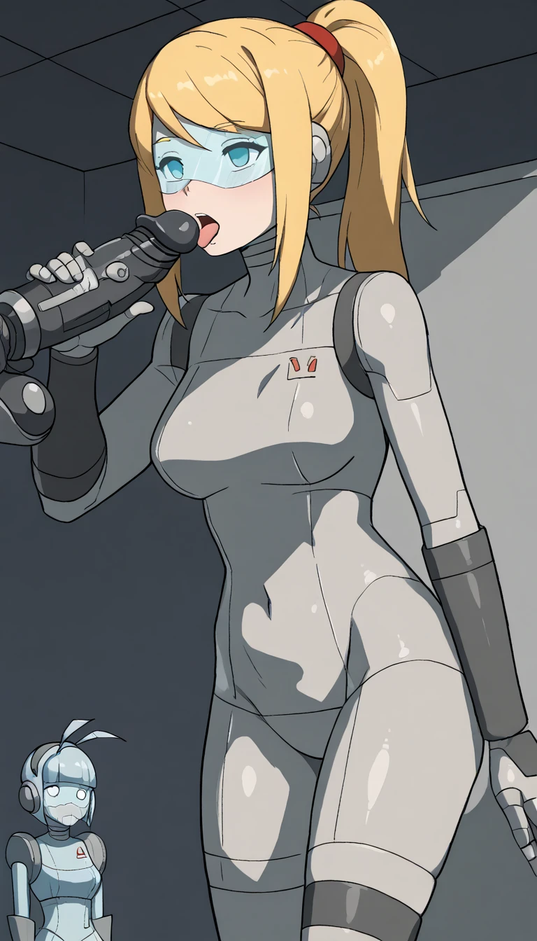 masterpiece, best quality, extremely detailed, (8K, 4K, Best Quality, hight resolution, 超A high resolution:1.1), ,8k portrait, Japaese android Girl,Plump , dark black leg cover,announcer,control panels,android,Droid,Mechanical Hand, Robot arms and legs, Blue Robot Parts,yellow ponytail,Mechanical body,Blunt bangs,perfect mechanical abdomen,blue robotics parts,perfect robot woman,future laboratory,cyber pank,charging spot,laboratory,long tube,thick cable connected her neck,blue ceramic body ,perfect mechanical body, blue robot body,lod antenna,mechanical ear cover,android,robot humanoid,black sponge joints,The removable cover is in the groin,The connection port is in the groin,opened chest panel,access panel on the chest,opened breast panel,perfect mechanical breast,perfect black machine body,perfect black android body,She has repaired,assembly plant,no human skin,visor,mistyrobot,samus aran,dress,malfunction,robot joint,doll joint,robotization,partial robotic,empty eyes,dress,android,approaching,extremely slender figure,more girls,fellatio,yuri,lesbian,licking pussy