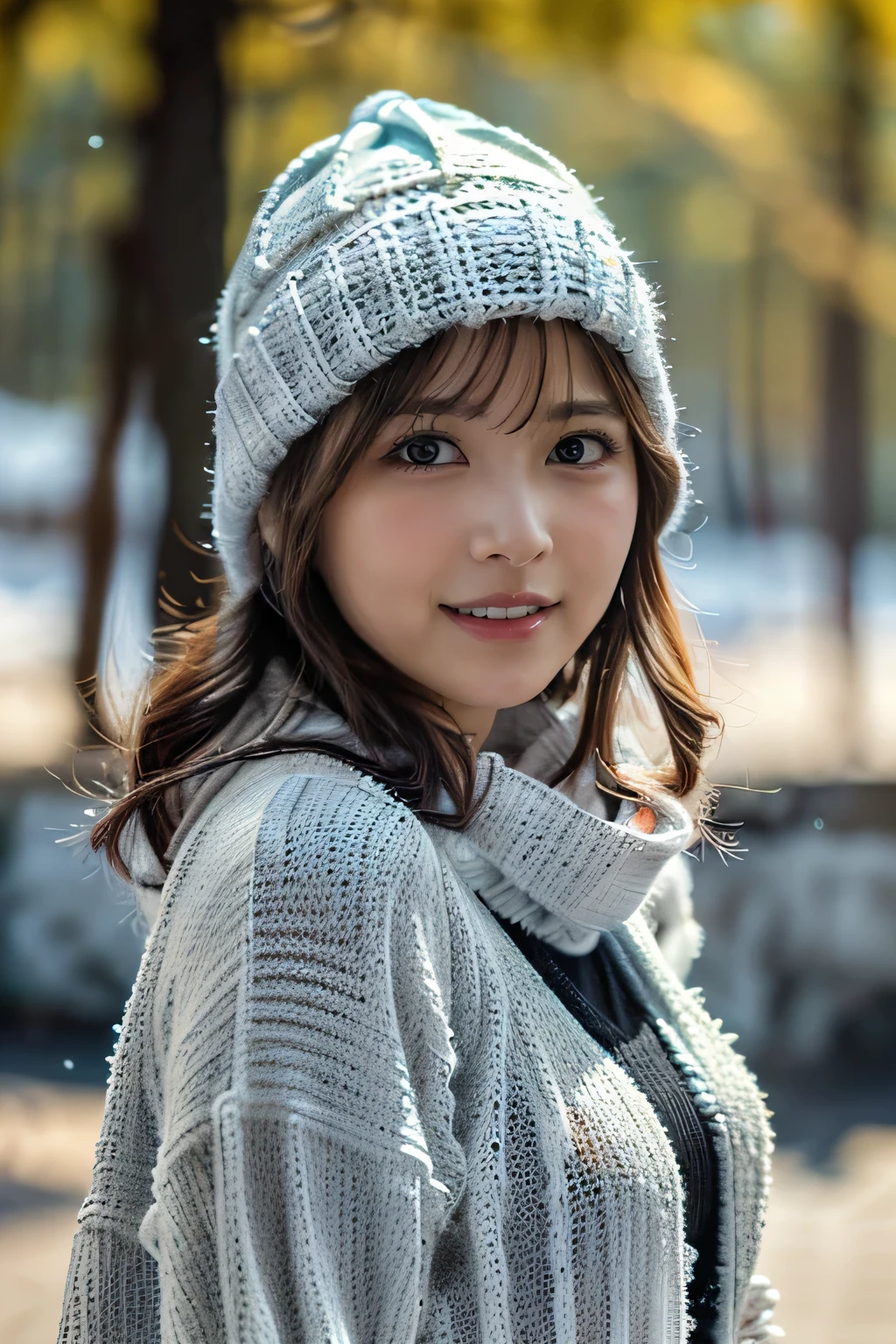 (masterpiece:1.2, best quality), (real picture, intricate details), 1lady, solo, upper body, casual, long hair, minimal makeup, natural fabrics, close-up face, smile, home, long light platinum blonde hair, bangs, wavy hair, voluminous hair, green eyes, big breasts, cold clothing, cute clothes, pleated skirt, black skirt, beautiful clothing, blue parkas, blue coat, coat with fur, blue coat white fur, bangs on forehead, Korean bangs, cute bangs. risbeauty asia,