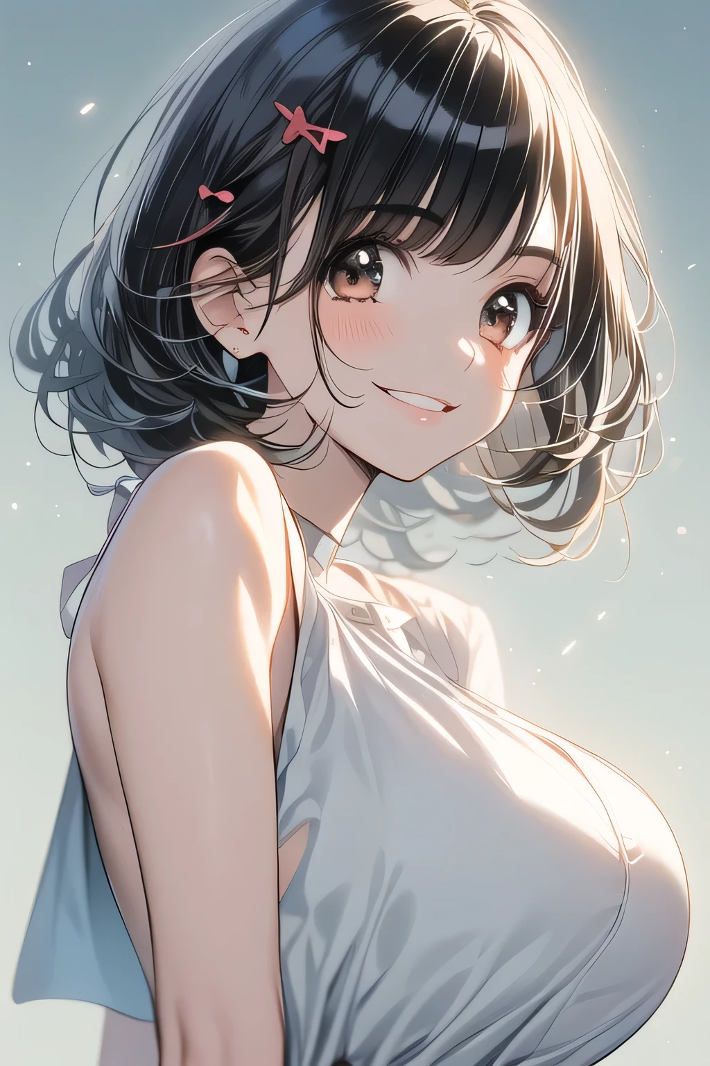 Solo Girl, 20 years old, With medium length hair and two-way style , dark brown hair , brown eyes, huge breasts:1.5,Princess Coordination、 top quality , high definition , very detailed, detailed background, perfect lighting、smile, ahehe, peel the whites of your eyes