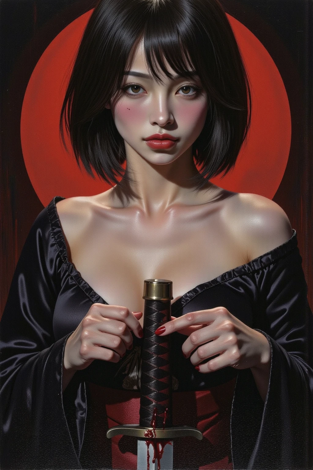 A seductive girl, direct gaze, short black hair, pale skin, kimono, off shoulder, cleavage, both hands on the hilt of a katana, blood splatter, red light illuminating one side of face, silhouetted, chiascuro, dark fantasy oil painting, dynamic angle, aesthetic, drkfnts style