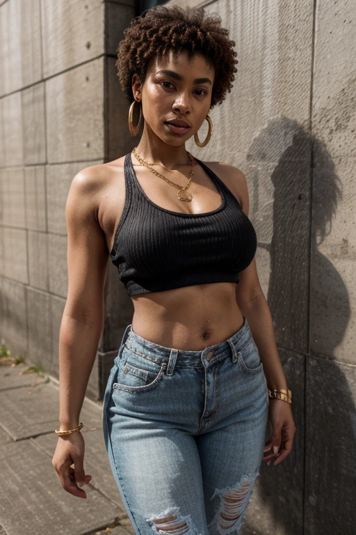 Jovem  african, Wearing a white tank top with a large neckline and jeans, Sentada em um banco, ebony skin, corpo fitness, bela garota,  Slim body, cabelo grande, Menina cabelos ondulado, Sfw seios grandes:1.5, walking towards the viewer, sensualizing,
