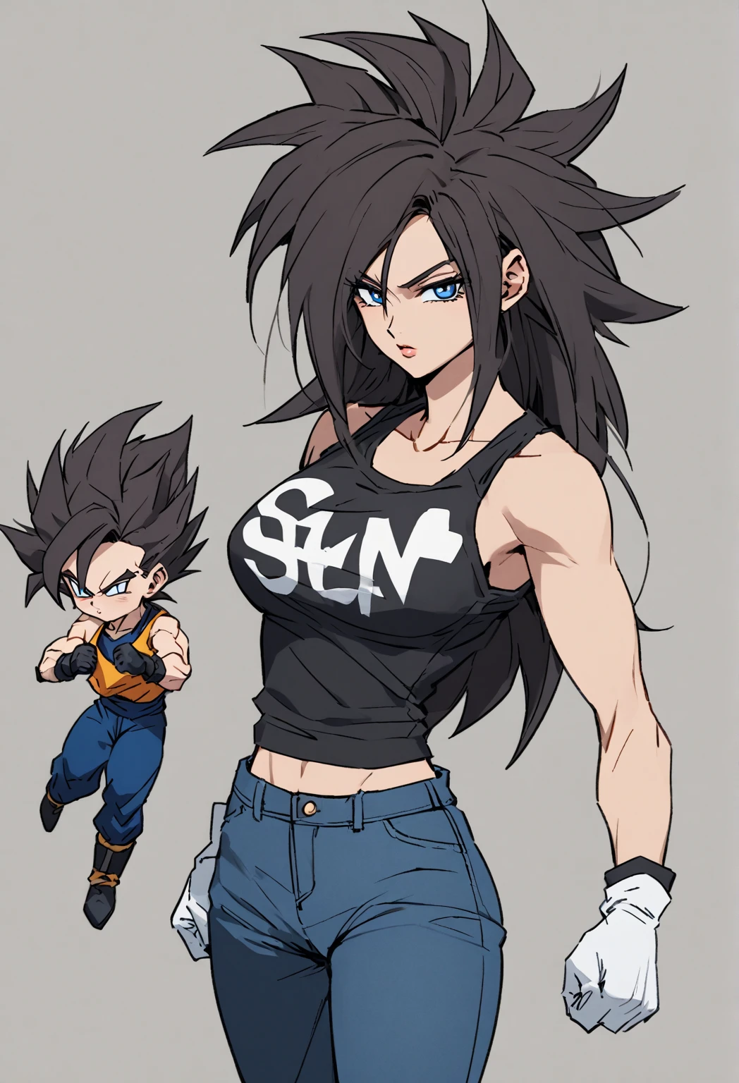 The image features a cartoon-style illustration, with well-defined lines and vibrant colors. The character is robust and displays a confident pose, flexing arm muscles. Your skin has a purple tint, standing out for the subtle shine on the chest. O cabelo, darker purple in color, It is styled in a loose ponytail that falls over one eye, giving a laid-back look. She wears a tight white t-shirt, partially covered by a navy blue coat, leaving part of the chest exposed. His wide, blue pants are complemented by mid-calf boots., creating a combination that suggests strength and practicality.
