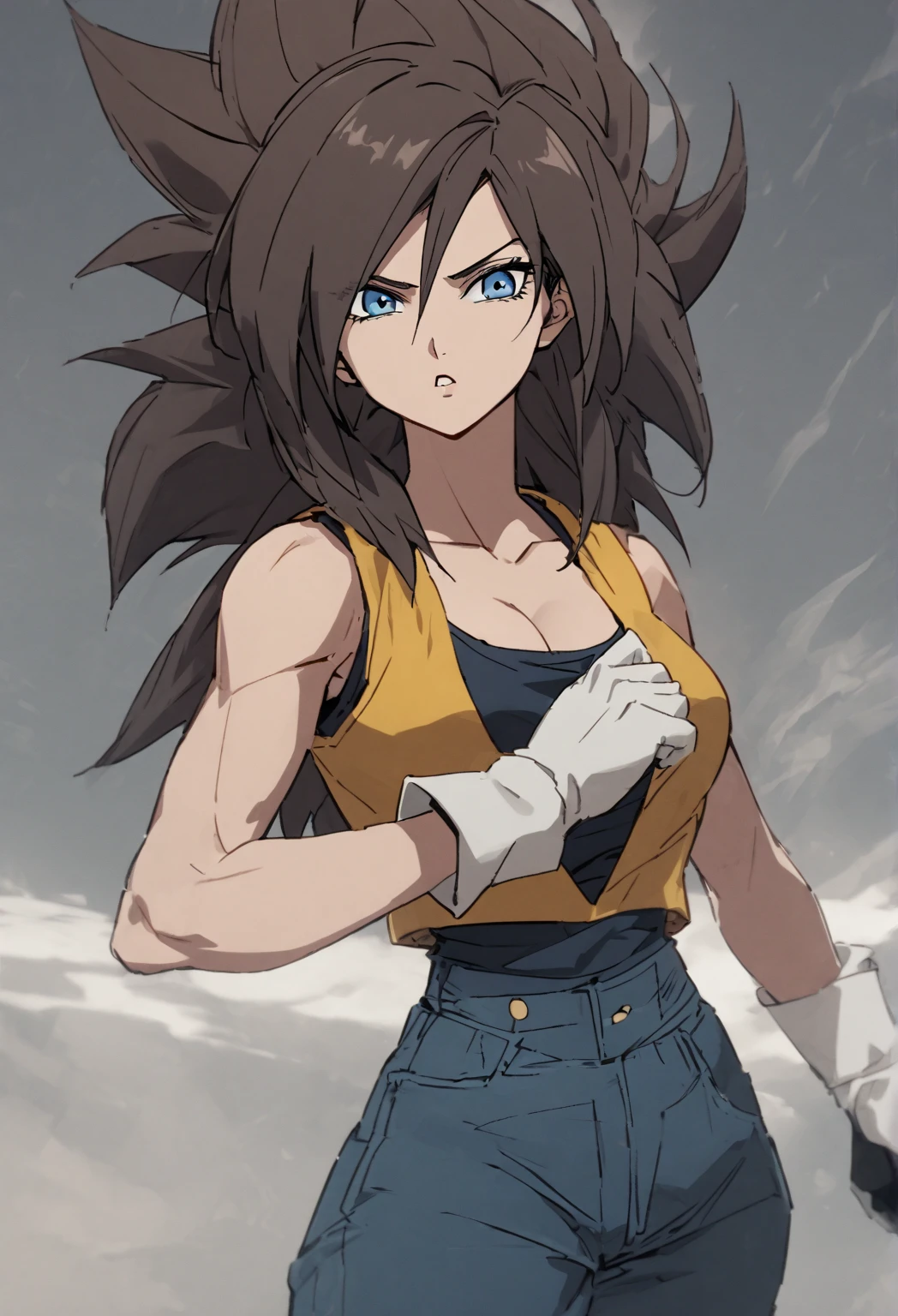 Make me a female Saiyan, long dark hair, blue eyes, now make her wear Saiyan clothes, a tank top, gloves, and jeans