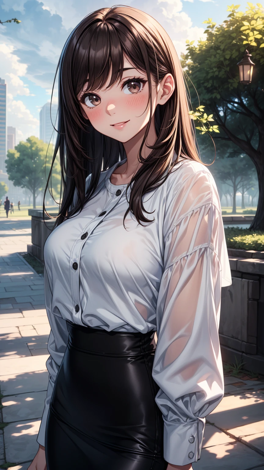 1girl, full body, solo, summer, village, trees, sun, clouds, ((brown hair)), ponytail, large breasts, ((black blazer)), button down shirt, ((white shirt)), ((short sleeved shirt)), ((unbuttoned shirt)), unbuttoning buttons, cleavage 1:3, brown eyes, skirt, smile, looking at the viewer, standing, hair ribbon, golden necklate, shoulder bag