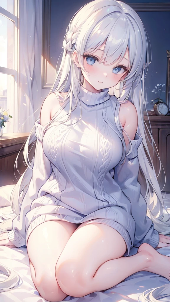 White powder sleeveless sweater，Long messy hair，The mouth opens wide，Bend over, Straighten the fair chest and abdomen, Powdered sleeveless sweater，Long messy hair，The mouth opens wide，stooped，Prop your hands on the bed，Bend the waist upwards，Raise your legs，Reduces milk leakage