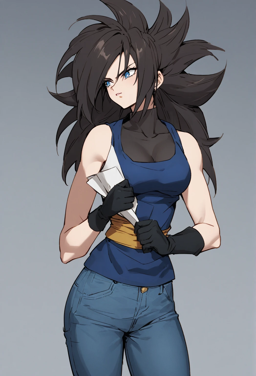 Make me a female Saiyan, long dark hair, blue eyes, now make her wear Saiyan clothes, a blue tank top, black gloves, and jeans