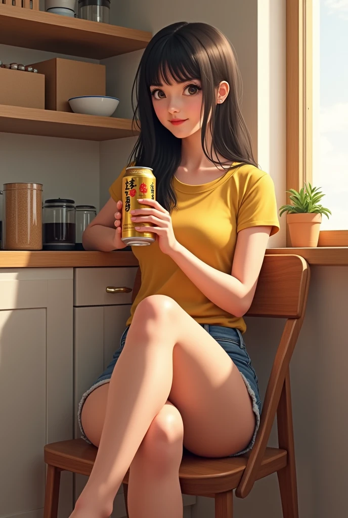 Hay una mujer sentada en una silla bebiendo una copa de vino, con una bebida, beber cerveza, en pantalones cortos, beber una cerveza, wearing honey - themed miniskirt, en la mesa de la cocina, sexy girl, Toma en interior, piernas jugosas, tocando su ropa, Outfit muy sexy, Sujeto completo en la toma, derramar jugo, Colegiala hiperrealista, cerveza, en el mostrador
