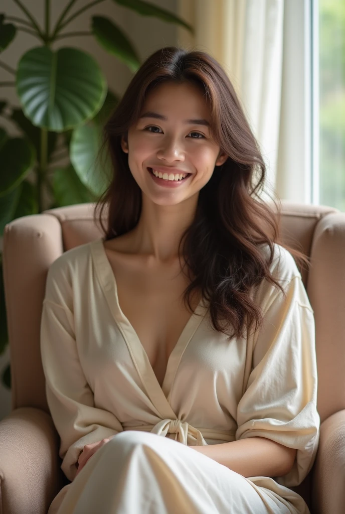 (in 8K, Raw-Photo, best quality, ​masterpiece:1.2), (epicrealism), (realism:1.6),  1 girl , 31yo, 3/4 body, realistic skin, pale skin, (skin pores:1.4), a beauty, thai ancestry, beautiful thai girls, beautiful thai women, mestiza, perfect face, slim normal body, wolf cut, (wavy hair), bob cuts hair,(Cute smile), looking at viewer, v-neck shirt, blazers, office outfit, professional look, flat-chested, (gold necklace:1.2), ((The highest quality, 16 k, masterpiece: 1.3)), Biologically Correct Human, reference, detailed faces, luscious lips, detailed lips, detailed eyes, detailed hair, glittering eyes, realistic pupils, detaioed eyess, outdoor, sitting, cute pose, (smile:1.3), elegant, at a cafe, dynamic lighting, midmorning, bright lighting, white ambience light, backlight, summer, people in the background watching, deep depths of field, blurry background, dynamic background