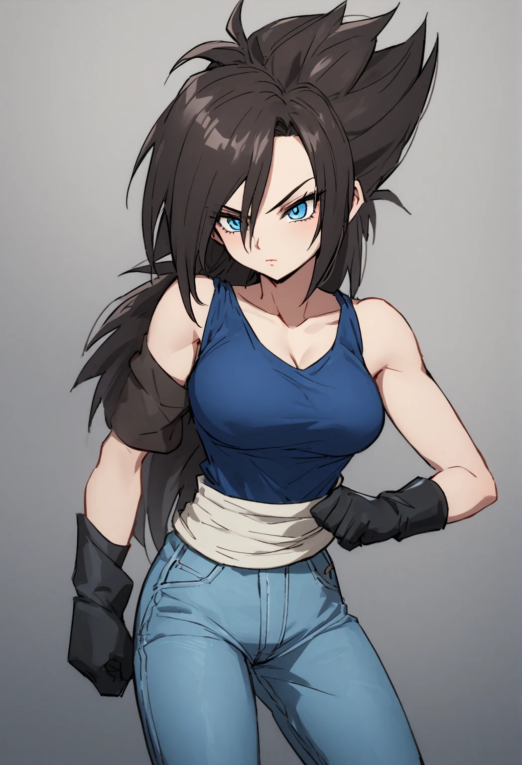 Make me a female Saiyan, long dark hair, blue eyes, now make her wear Saiyan clothes, a blue tank top, black gloves, and jeans