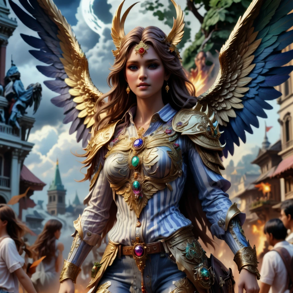 (imagem extremamente detalhada), (corpo inteiro:1.5), (angel femele appearance:1.3), (Asas angelicais gigante:1.4), (olhos flamejantes, olhos brilhantes, brilho sobre os olhos), (roupas brancas), (Extreme display of power:1.3), (riqueza no detalhe das roupas), apocalipse, anjo, seres celestiais, poder, fim do mundo, (riqueza nos detalhes), (poderes envolvendo e intrincados), Scenery of a destroyed city, fim dos tempos,