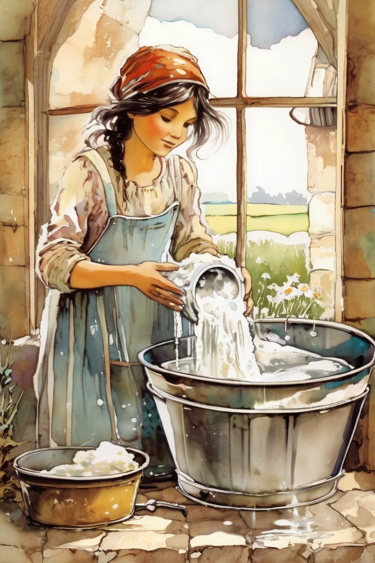 Peasant girl  washing clothes in aluminum basin Art style by artist Sarah Kay 1980 mixing with shabby chic style, light and soft tones