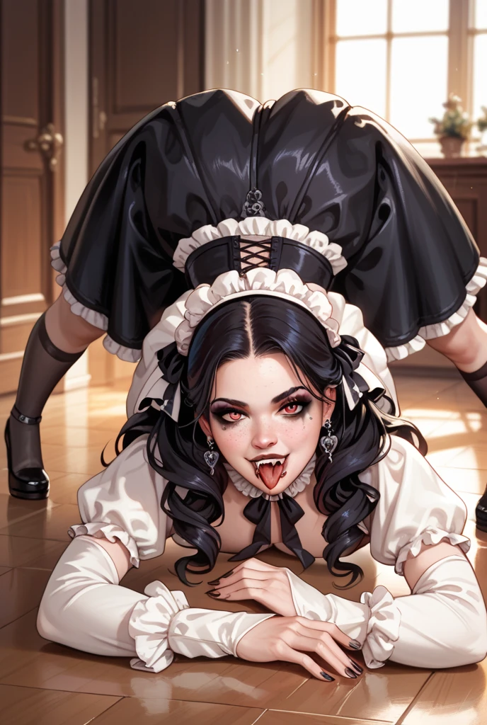 Sexy vampire girl, in victorian dress,round booty, piel pálida , showing her fangs,licking blood in the floor in jack-o pose, very seductive, with freckles, goth makeup