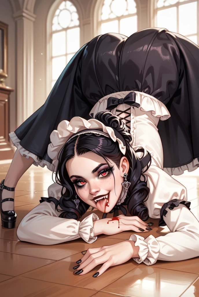 Sexy vampire girl, in victorian dress,round booty, piel pálida , showing her fangs,licking blood in the floor in jack-o pose, very seductive, with freckles, goth makeup