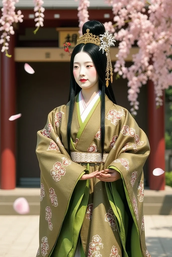 (Ultra-detailed face, Looking away, Fantasy Illustration, Rich tone colors.), BREAK (A female Japanese dancer in a Japanese kimono dances quietly amidst falling cherry blossom petals on an outdoor theater built in the garden of a large Kyoto shrine.), BREAK (The dancer wears a greenish-brown Japanese kimono with a vermilion hairpin in her tied Japanese hair. Her kimono is decorated with a ball of woven thread, a celadon incense burner, a bamboo screen and wisteria flowers fluttering in the wind. A fan with a tortoiseshell cat on it is open, and she dances gracefully, stepping with it. She wears white tabi socks on her feet.), BREAK (A female dancer of a young age with jet-black hair and eyebrows, her hair tied in a round topknot, small pink lips, white skin coated with white powder, lavender eyes, and thick, dark eyeliner around her eyes.)