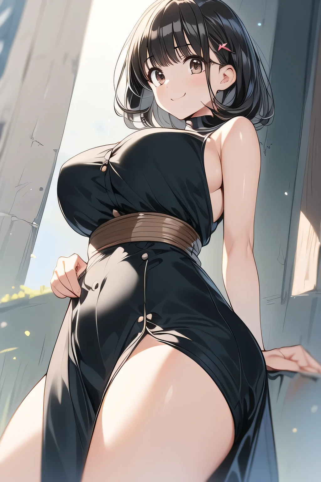 Solo Girl, 20 years old, With medium length hair and two-way style ,   dark brown hair  ,   brown eyes,   huge breasts:1.5,Princess Coordination、  top quality ,    high definition  ,   very detailed,   detailed background,   perfect lighting、smile,  ahehe,  peel the whites of your eyes、 thick thighs, from below
