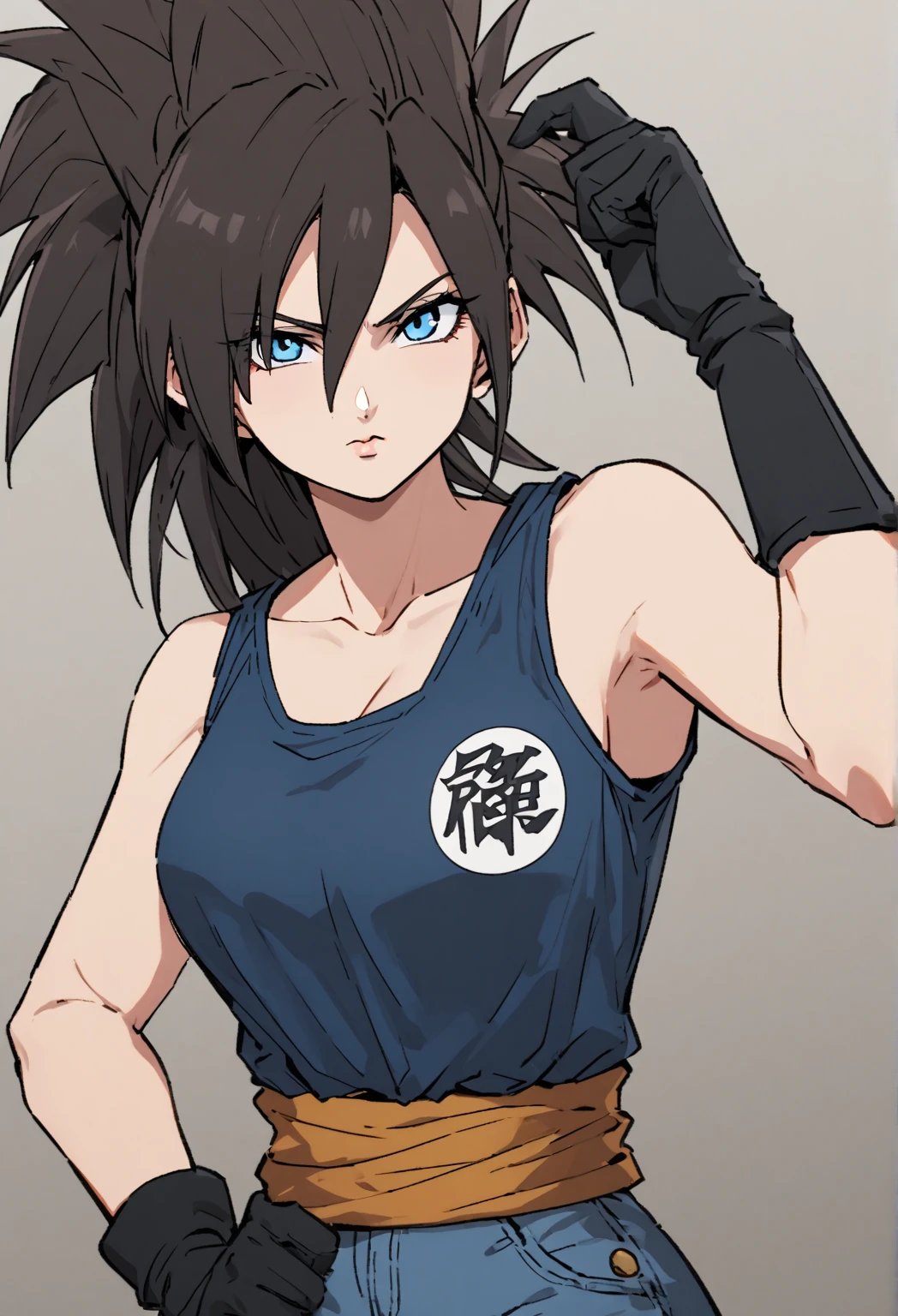 Make me a female Saiyan, long dark hair, blue eyes, now make her wear Saiyan clothes, a blue tank top, black gloves, and jeans