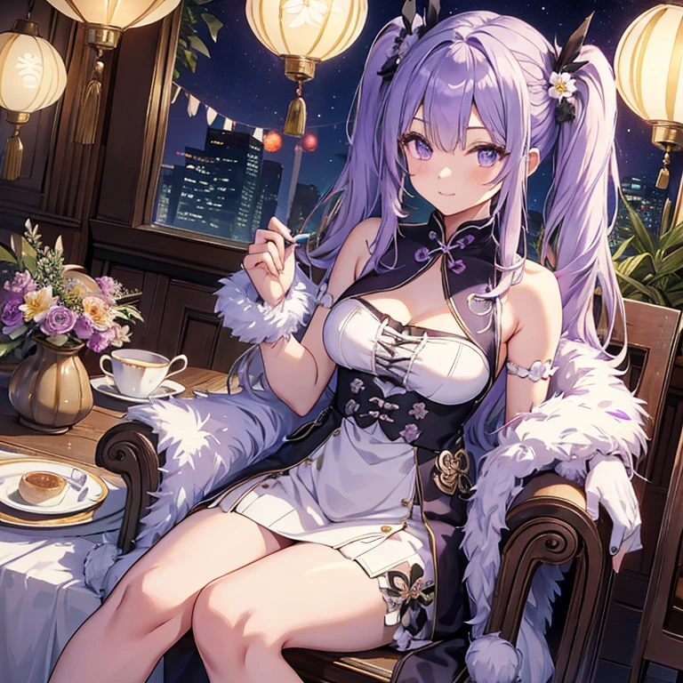 1Girl, red eyes, smile, Purple Hair, cat girl, birthday party, birthday cake, "Happy Birthday Yuel" text, huge breasts, cleavage, sideboob, huge butt, Purple fluffy tail, sexy, long tail, sexy dress, waruochi, japanese clothes, concept, concept dress, ribbon on the chest, purple hair, purple hair, curtained hair, bangs, fox ears, smile, anime, Wide-Angle, ray tracing, bloom, depth of field, anime style, anime, ((masterpiece)), 8K, highreest quality)), super detail, award winning, anatomically correct