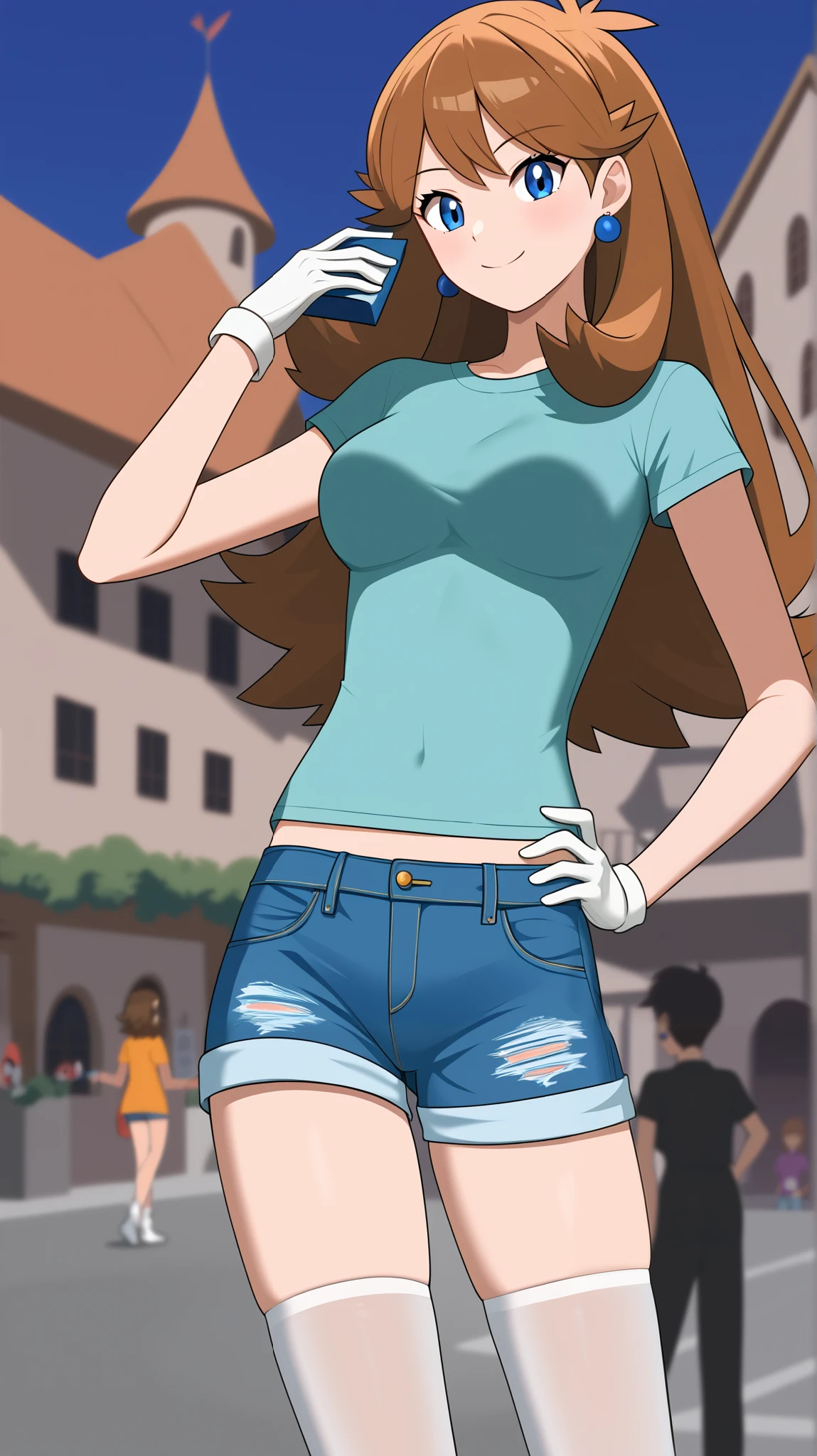 (( best quality )), ((masterpiece)), (( Details)),  1girl ,Two legs, two arms,  orange brown hair color,  long hair,  blue eyes,  green short sleeve shirt ,  blue denim shorts,  white knee-high stockings reflective on glass floors,  absolute domain,  thighs, orange laces ,  blue earrings,  sexy smile,  seductive smile ,  Audience , Place one hand on hip,  is standing,  Tall,  ANIME COLORING BOOK, 1 Female, Age 18, Three idiot hairs ,  with bangs, whole body,  slim figure, Ample breasts, town, (\ Pokémon\),  score_9,  score_8_Excellent,  score_7_Excellent,  score_6_Excellent,  source_Anime,  cell shading,  flat color, vector,