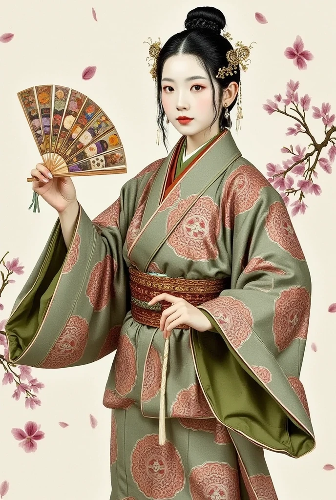 (Ultra-detailed face, Looking away, Gothic Illustration, Dark tone colors.), BREAK (A female Japanese dancer in a Japanese kimono dances quietly amidst falling cherry blossom petals on an outdoor theater built in the garden of a large Kyoto shrine.), BREAK (The dancer wears a greenish-brown Japanese kimono with a vermilion hairpin in her tied Japanese hair. Her kimono is decorated with a ball of woven thread, a celadon incense burner, a bamboo screen and wisteria flowers fluttering in the wind. A fan with a tortoiseshell cat on it is open, and she dances gracefully, stepping with it. She wears white tabi socks on her feet.), BREAK (A female dancer of a young age with jet-black hair and eyebrows, her hair tied in a round topknot, small pink lips, white skin coated with white powder, lavender eyes, and thick, dark eyeliner around her eyes.)