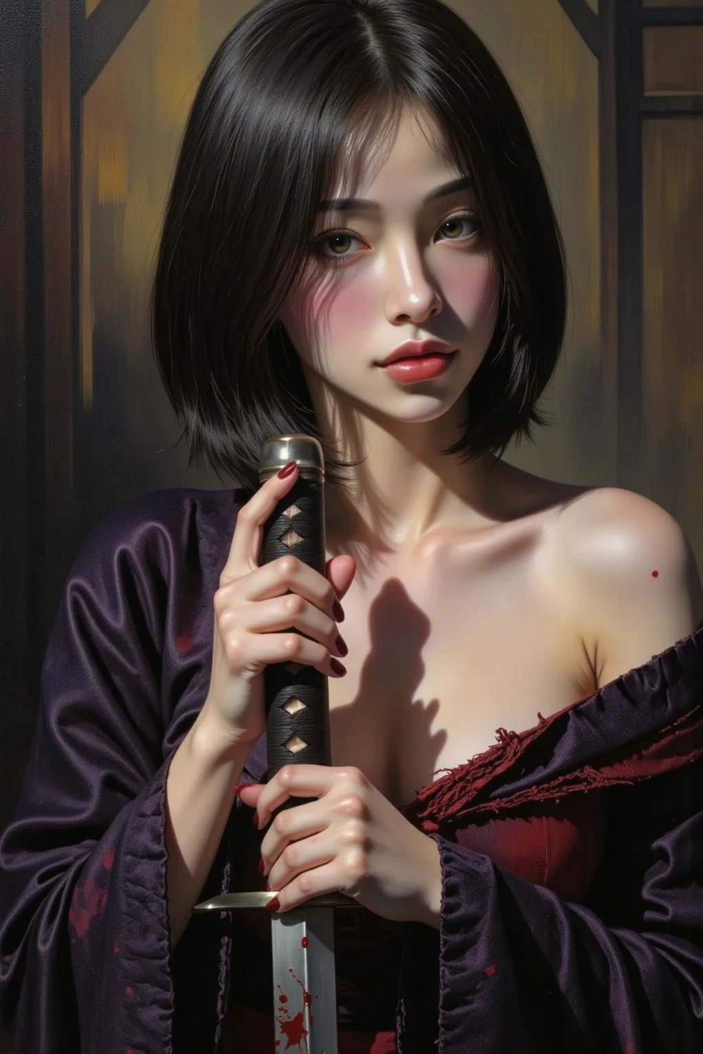 A seductive girl, direct gaze, short black hair, pale skin, kimono, off shoulder, cleavage, both hands on the hilt of a katana, blood splatter, red light illuminating one side of face, silhouetted, chiascuro, dark fantasy oil painting, dynamic angle, aesthetic, drkfnts style