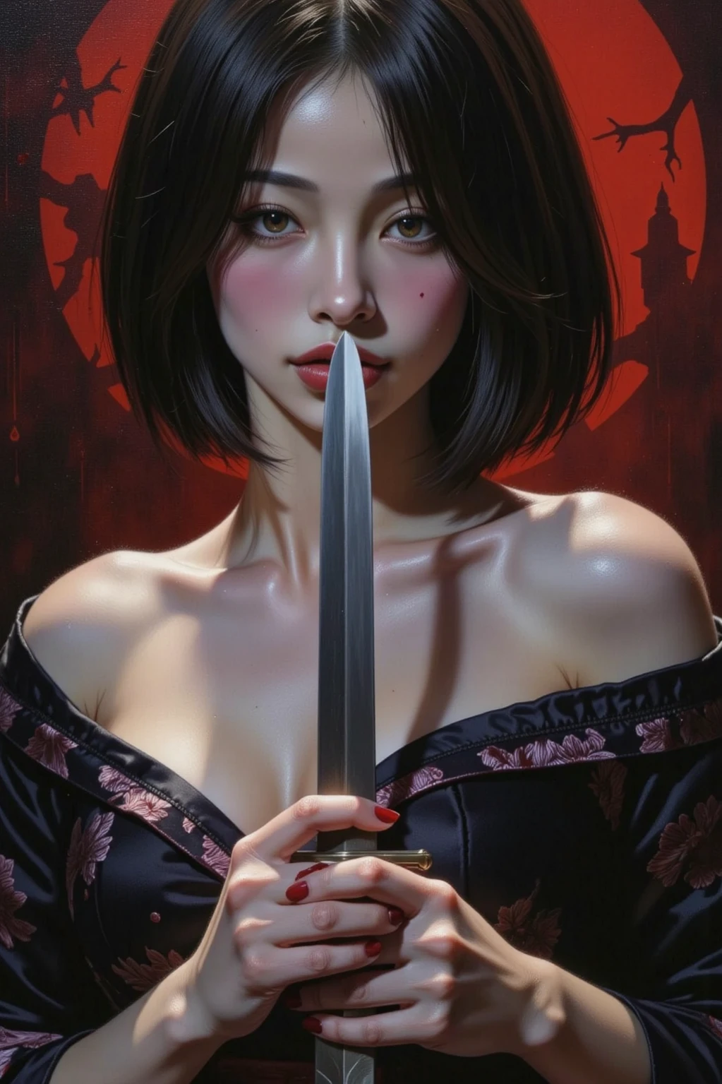 A seductive girl, direct gaze, short black hair, pale skin, kimono, off shoulder, cleavage, both hands on the hilt of a katana, blood splatter, red light illuminating one side of face, silhouetted, chiascuro, dark fantasy oil painting, dynamic angle, aesthetic, drkfnts style