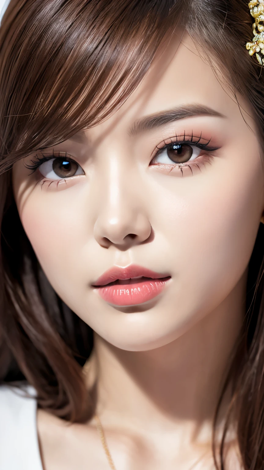 (the most absurd quality perfect eyes), ((natural super beautiful cute sharp-face)), (light pale complexion), ((clear no blur and sharp perfect round realistic brown_eyes:1.25)super detail), finely detailed pupils, detailed lips:1.3, [pink_lipstick:1.3]