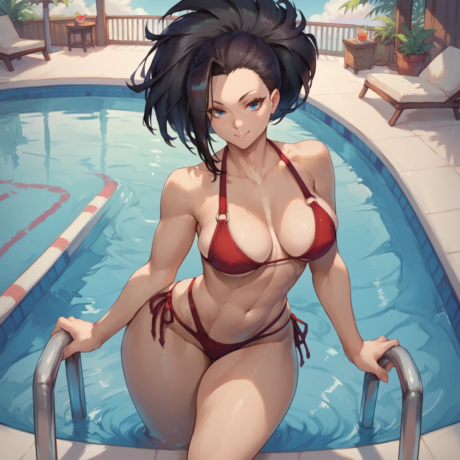 (highres, high quality:1.3), intricate details, cinematic lighting, sharp focus, depth of field, , 1girl, solo, young girl, upper body, sitting, on a lifeguard stand,, spread legs, outdoors, poolside, (NaniWaifu, dark skin, long black hair, woman:1.1),public pool, sky, makeup, eyelashes, detailed eyes, perfect face, (lifeguard:1.2), red sling bathing suit, breasts, nipples, exposed pussy, high heels, gigantic breasts, cleavage, areola slip, (nipple slip:0.8), saggy breasts, (exposed breasts, exposed pussy:1.3), whistle, slingshot bikini, swimsuit, sandals, (1girl, solo:1.2)