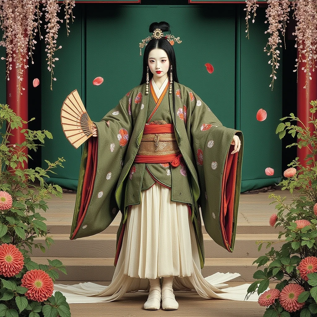 (Ultra-detailed face, Looking away, Gothic Illustration, Dark tone colors.), BREAK (A female Japanese dancer in a Japanese kimono dances quietly amidst falling cherry blossom petals on an outdoor theater built in the garden of a large Kyoto shrine.), BREAK (The dancer wears a greenish-brown Japanese kimono with a vermilion hairpin in her tied Japanese hair. Her kimono is decorated with a ball of woven thread, a celadon incense burner, a bamboo screen and wisteria flowers fluttering in the wind. A fan with a tortoiseshell cat on it is open, and she dances gracefully, stepping with it. She wears white tabi socks on her feet.), BREAK (A female dancer of a young age with jet-black hair and eyebrows, her hair tied in a round topknot, small pink lips, white skin coated with white powder, lavender eyes, and thick, dark eyeliner around her eyes.)