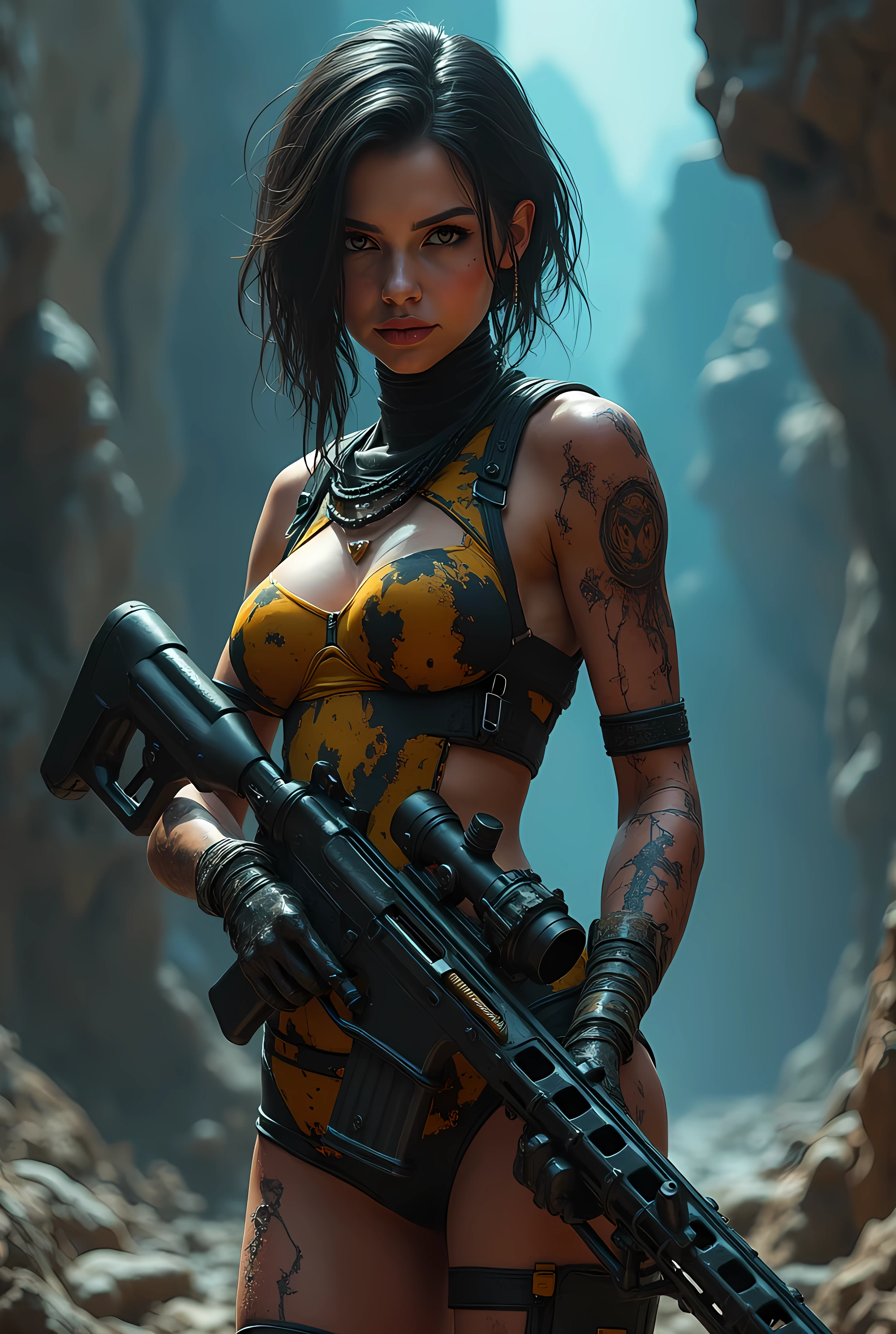 Skull girl art work, game concept, character sheet, mad max furiosa, one hand robot, cyborg arm, orange hair, metal heavy rock theme