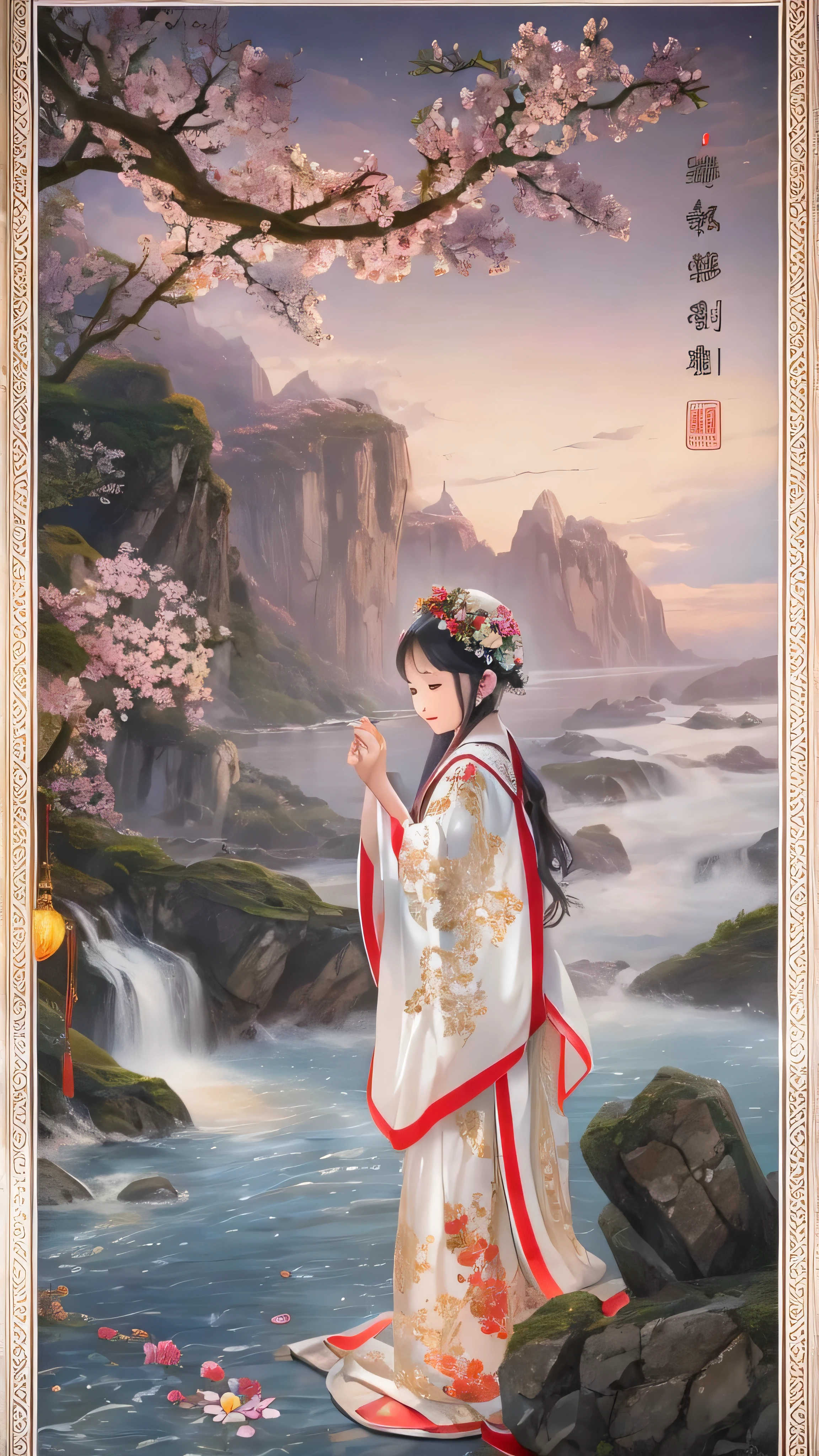 masterpiece,  top quality,  elegant new year poster 2025 characters star,white snake and girl、On the waterfall side 。