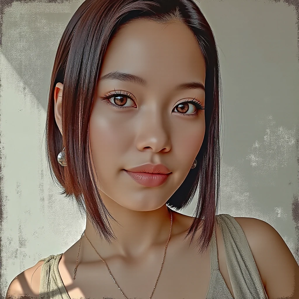 alexchen,1girl, solo, glasses, jewelry, realistic, blurry background, brown eyes, black hair, earrings, nose, necklace, shirt, lips, short hair, happy, mole, black shirt, piercing, sweater, sitting