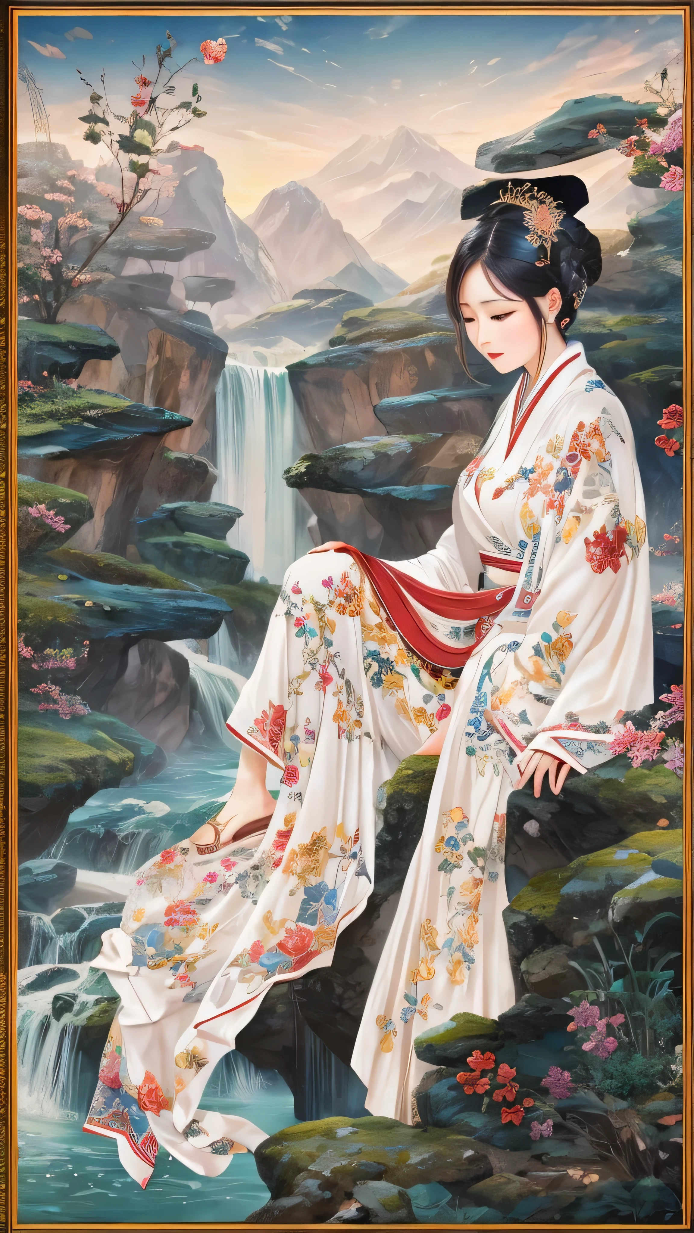 masterpiece,  top quality,  elegant new year poster 2025 characters star,white snake and girl、On the waterfall side 。